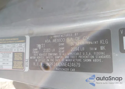 2022 Kia Forte Lxs z USA, uszkodzony, nr VIN 3KPF24AD6NE424679